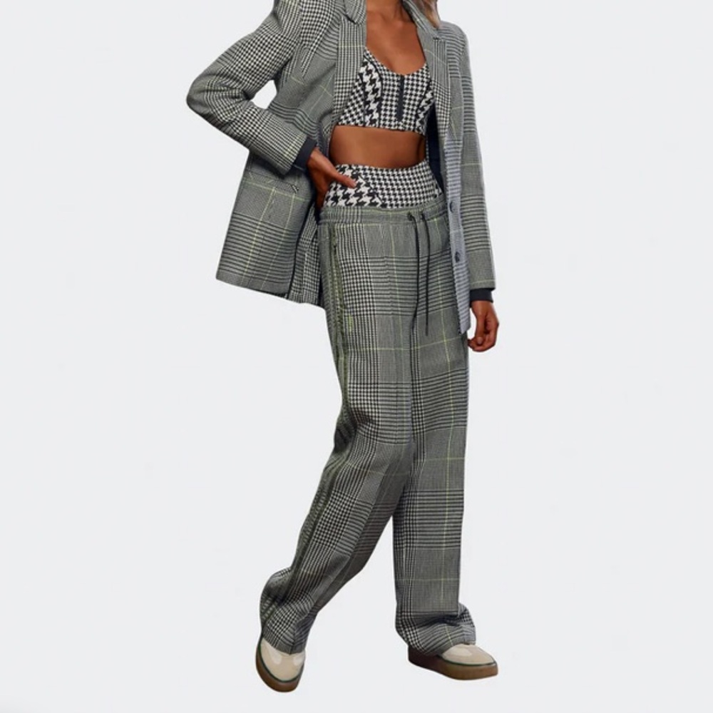 Checked Grey Wide-Leg Drawstring Pants